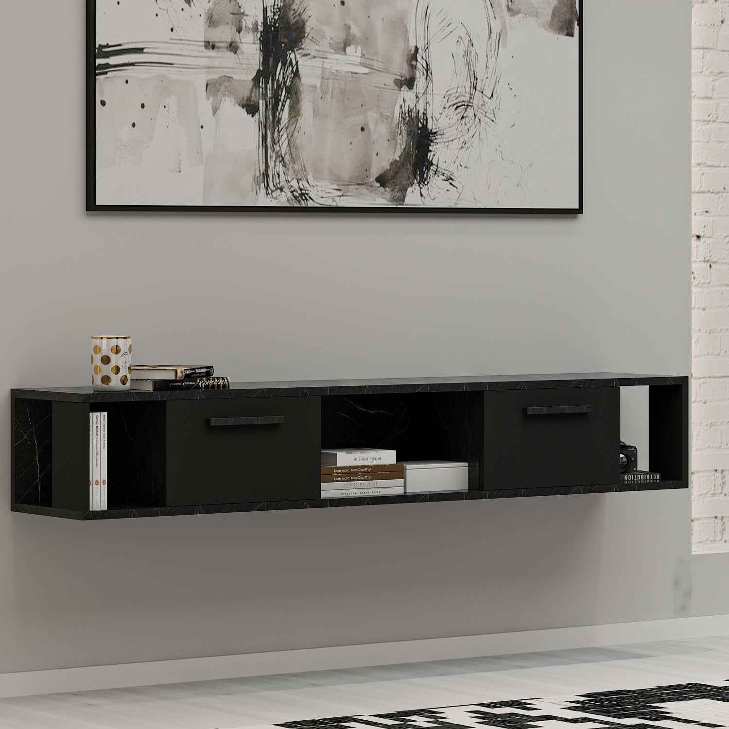 TV Lowboard Aldora Schwarz Marmor Optik 9598