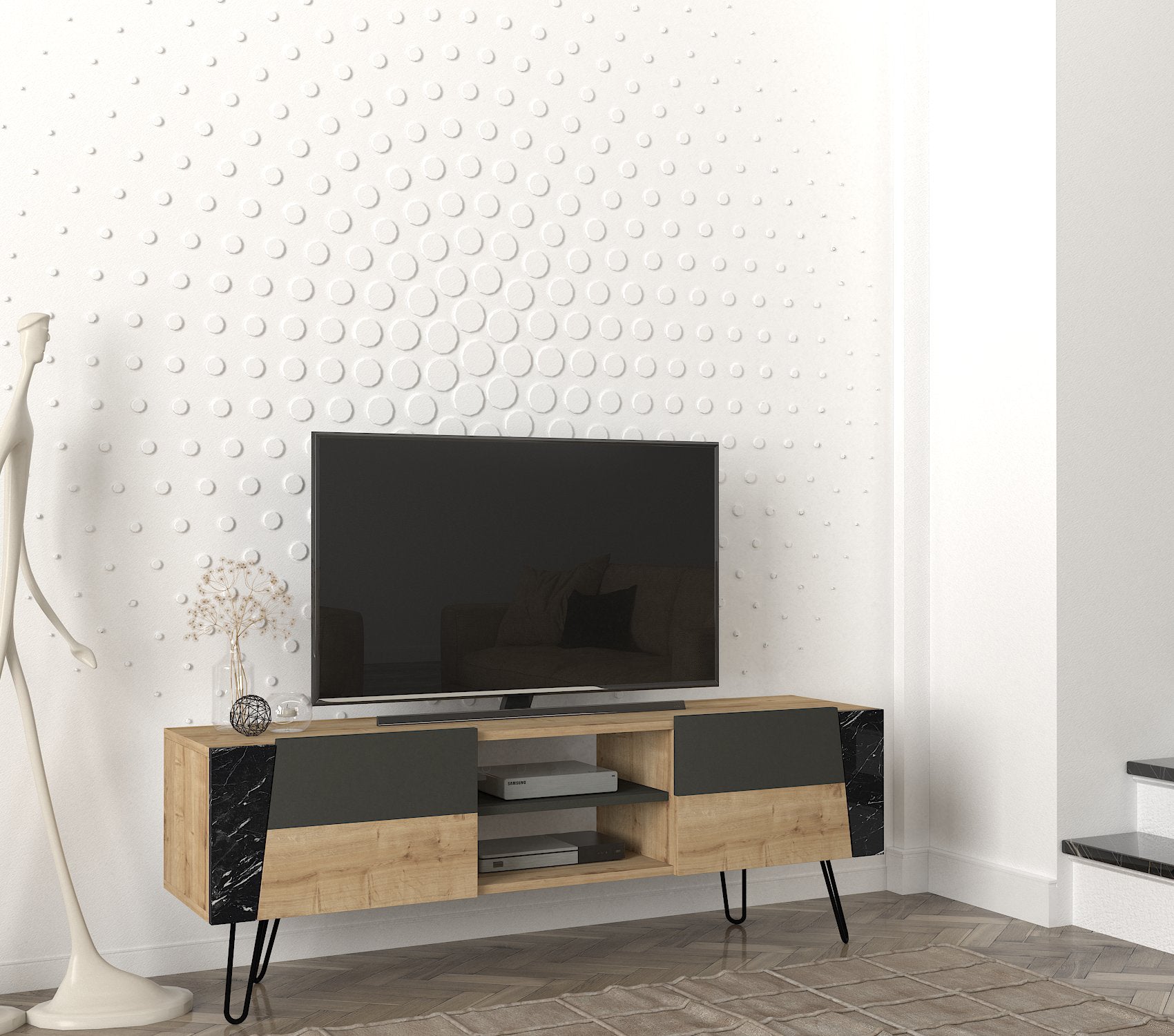 TV Lowboard Fanten mit Metallfüße Safir Marmor Anthrazit