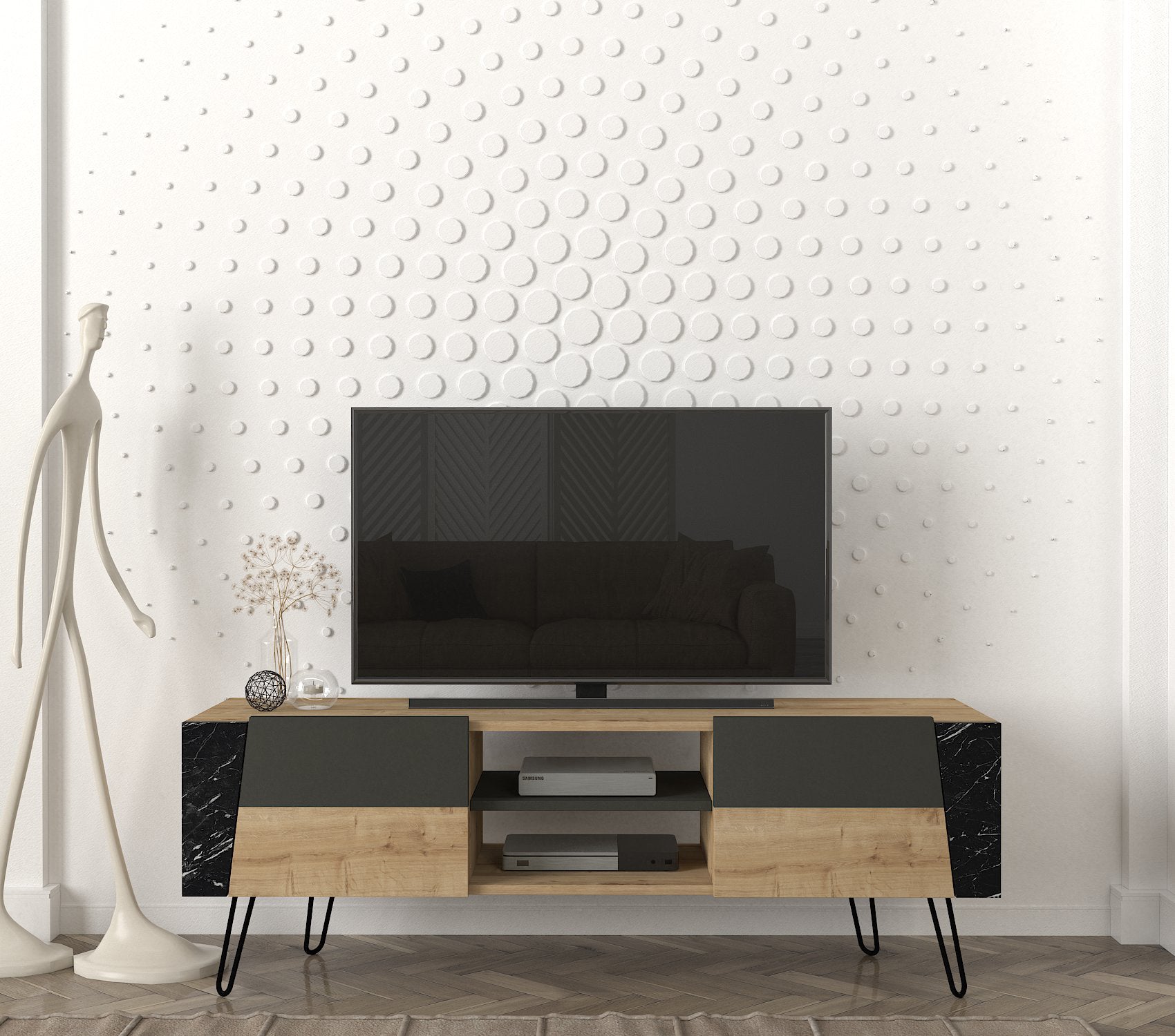 TV Lowboard Fanten mit Metallfüße Safir Marmor Anthrazit