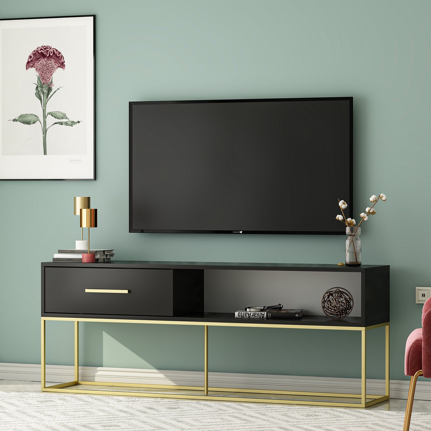 TV Lowboard Mira Schwarz Gold mit Metall Füße 9635
