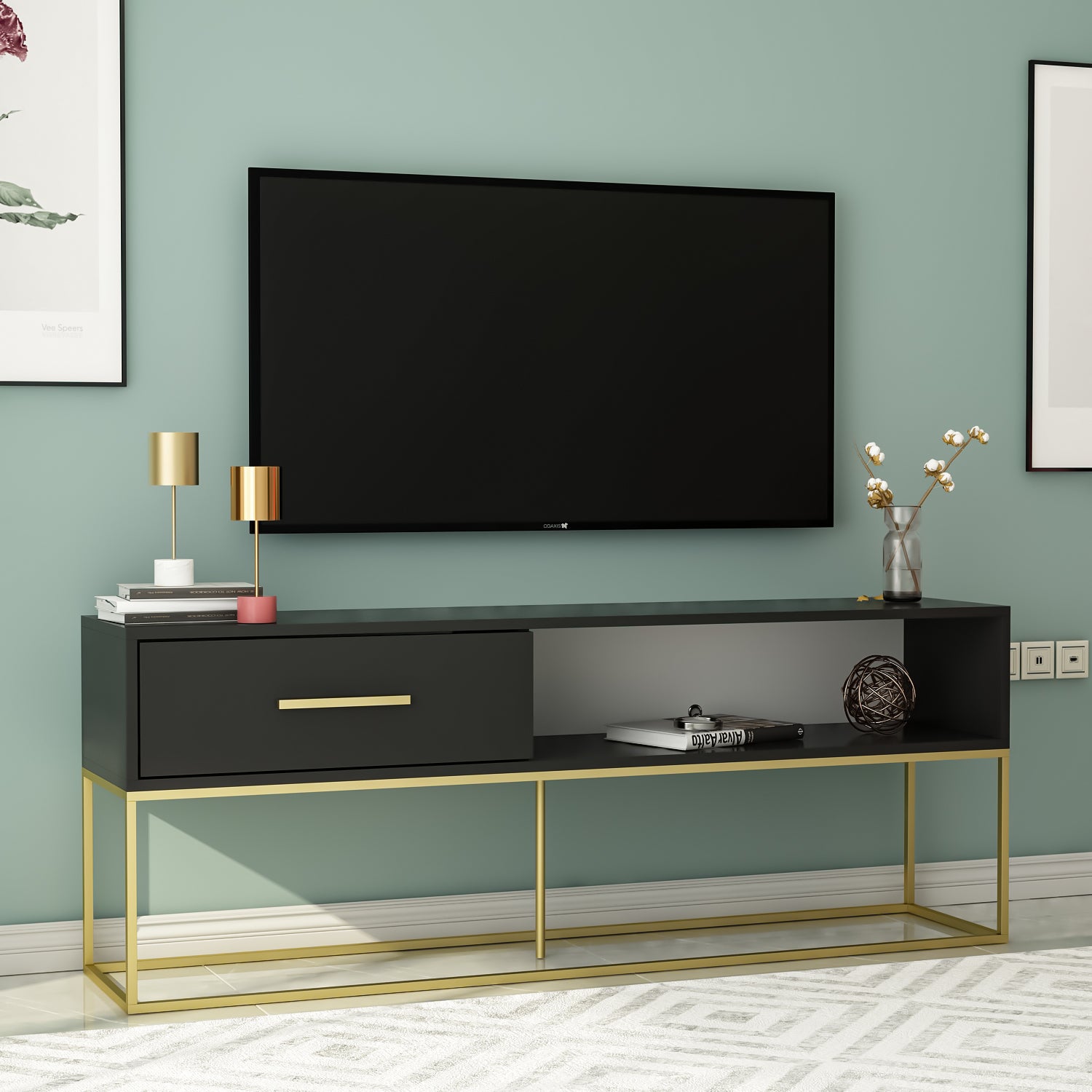 TV Lowboard Mira Schwarz Gold mit Metall Füße 9635