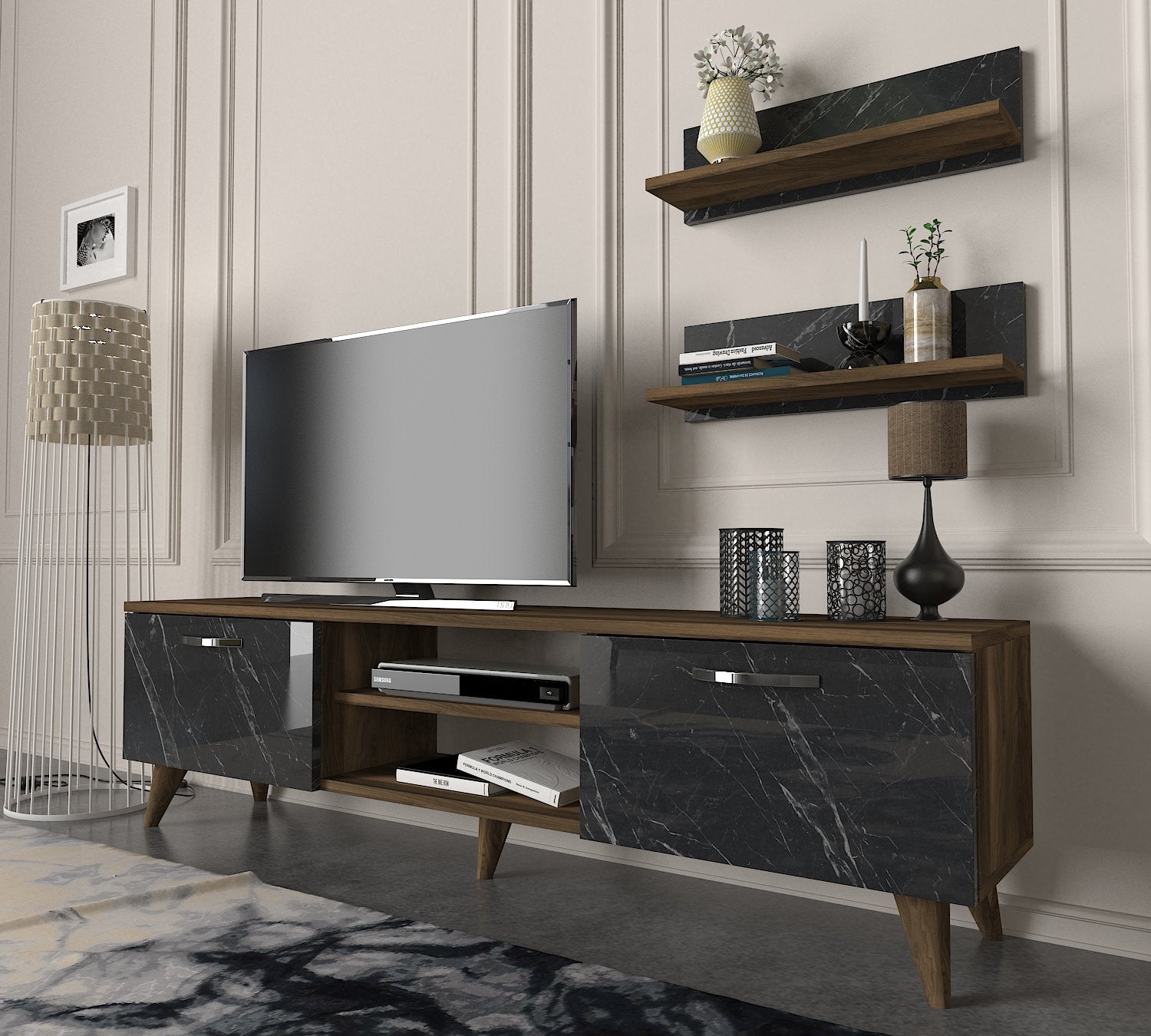 Wohnwand Ayden Walnuss Dunkelgrau (Marmor optik)