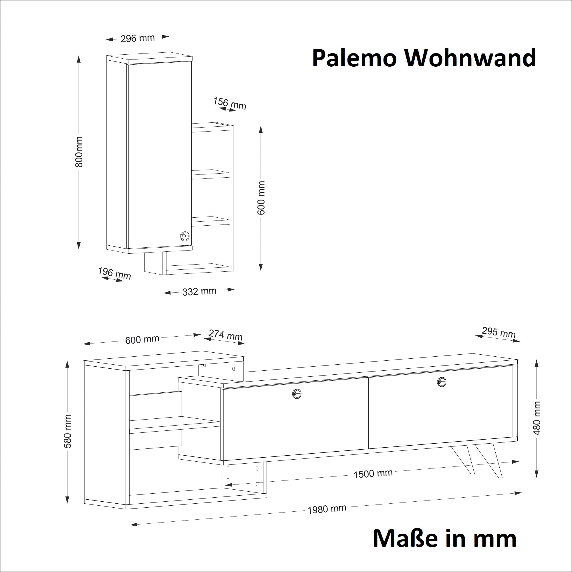 Wohnwand Palemo Eiche Schwarz Modern Design