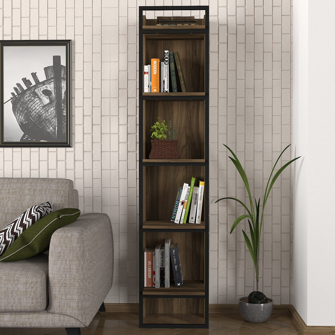 Bücherregal Kelvin mit Metallfüße und Rahmen Walnuss