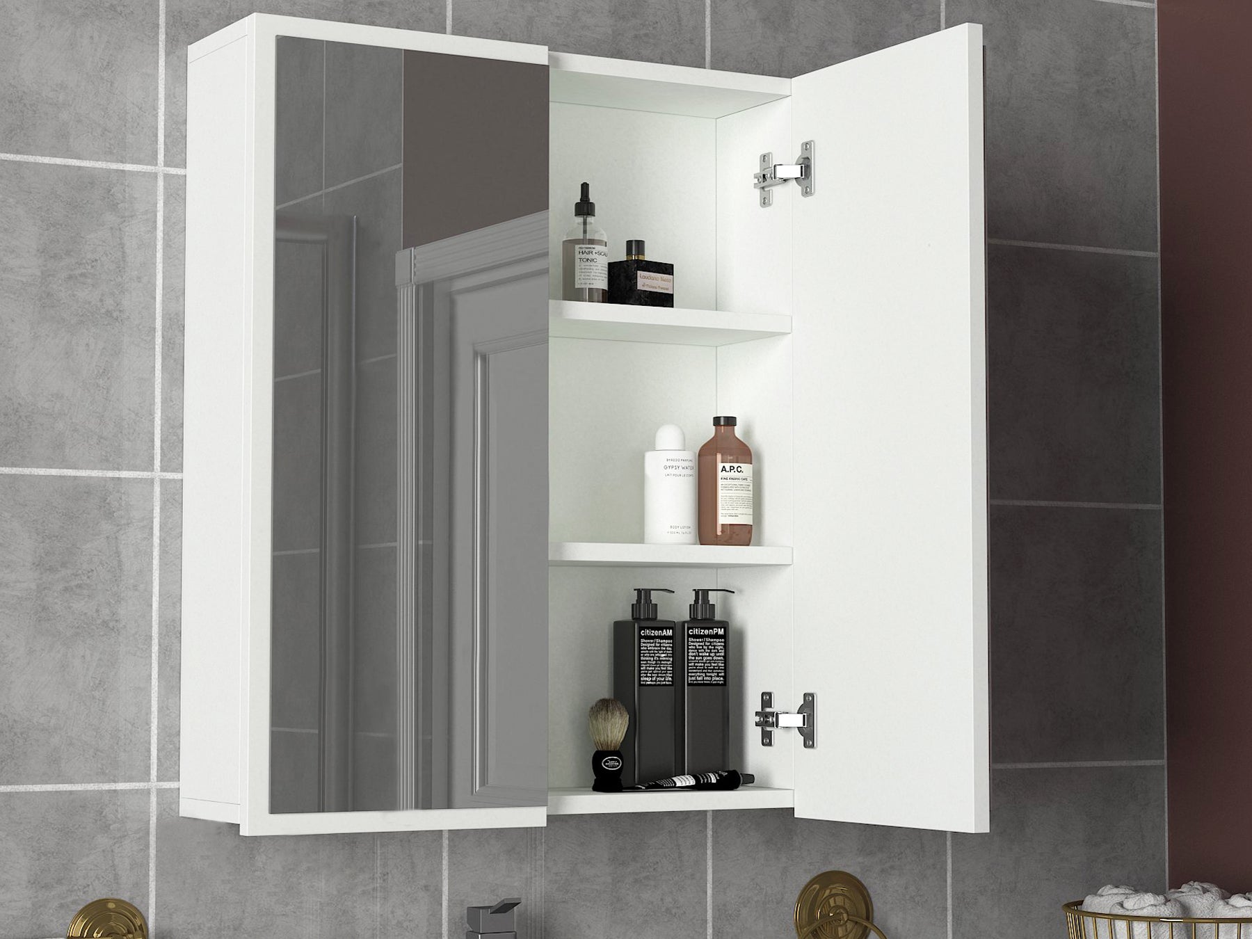 Badschrank Hängeschrank mit Spiegel Weiß 60 cm/ 76,6 cm/ 17 cm