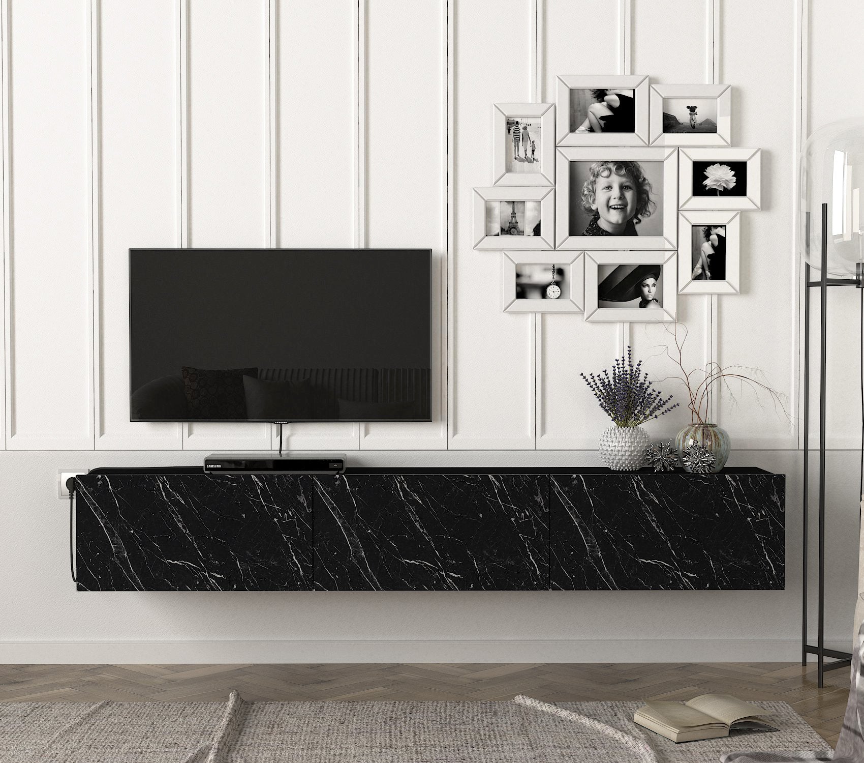 TV Lowboard Hängend Damla Schwarz Marmoroptik 180 cm