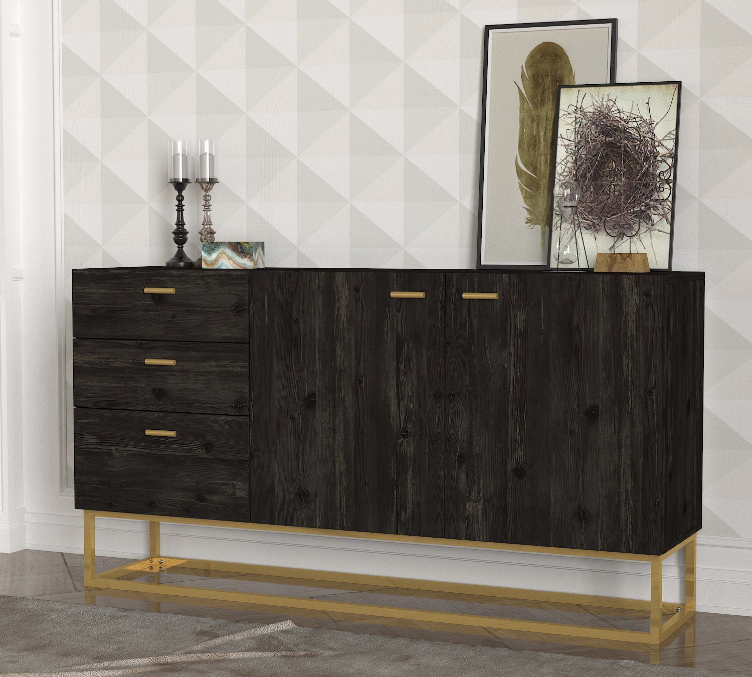 Sideboard Theodora Rebab 2 Türig 3 Schubladen Gold mit Metall Füße