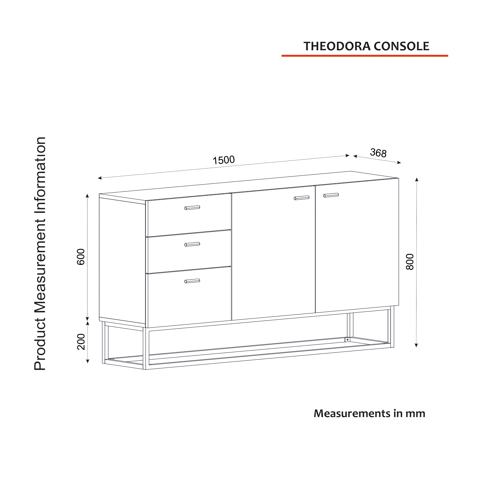 Sideboard Theodora Rebab 2 Türig 3 Schubladen Gold mit Metall Füße