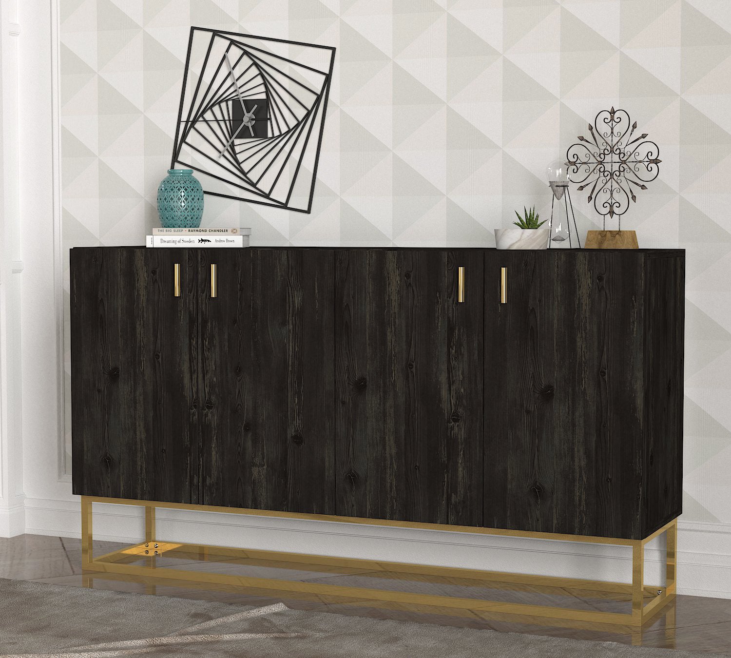 Sideboard Theodora Rebab 4 Türig Gold mit Metall Füße