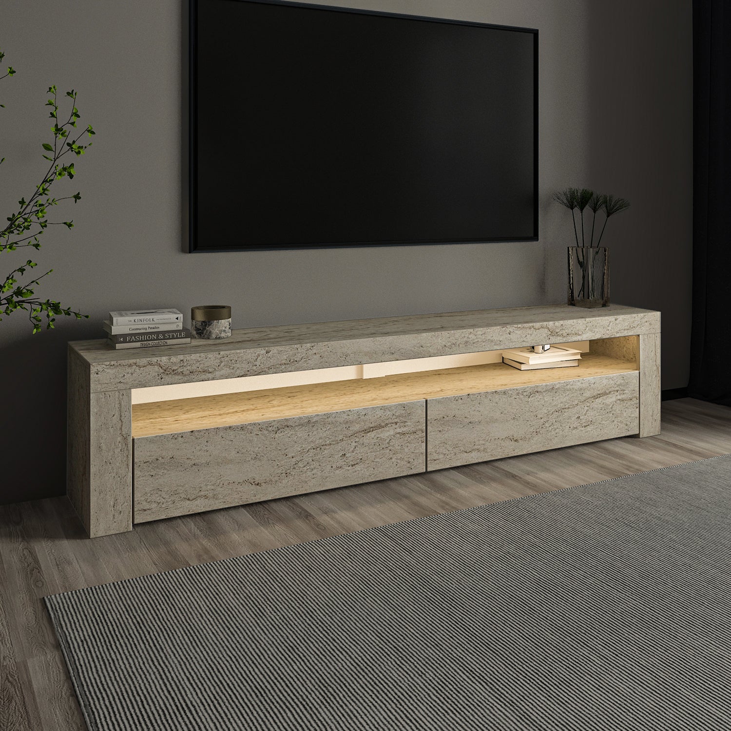 TV Lowboard Bati Granitoptik mit LED-Leuchten 93311