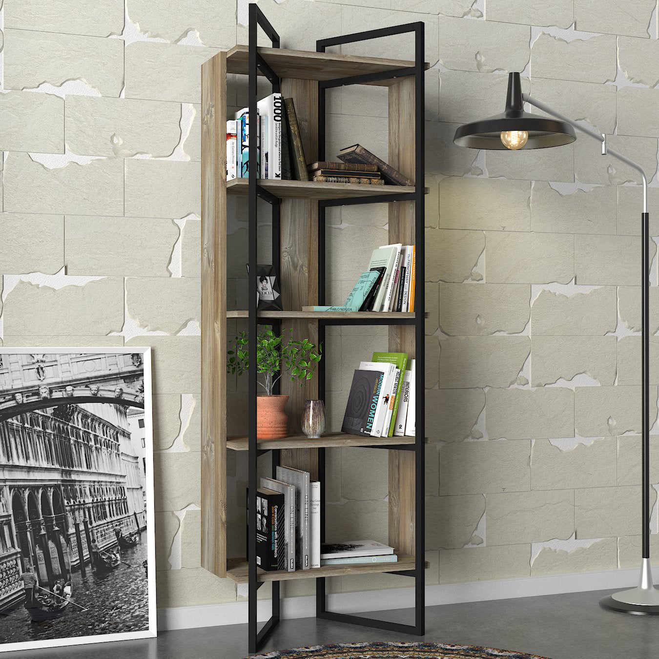 Bücherregal Costa mit Metallfüße und Rahmen Eiche