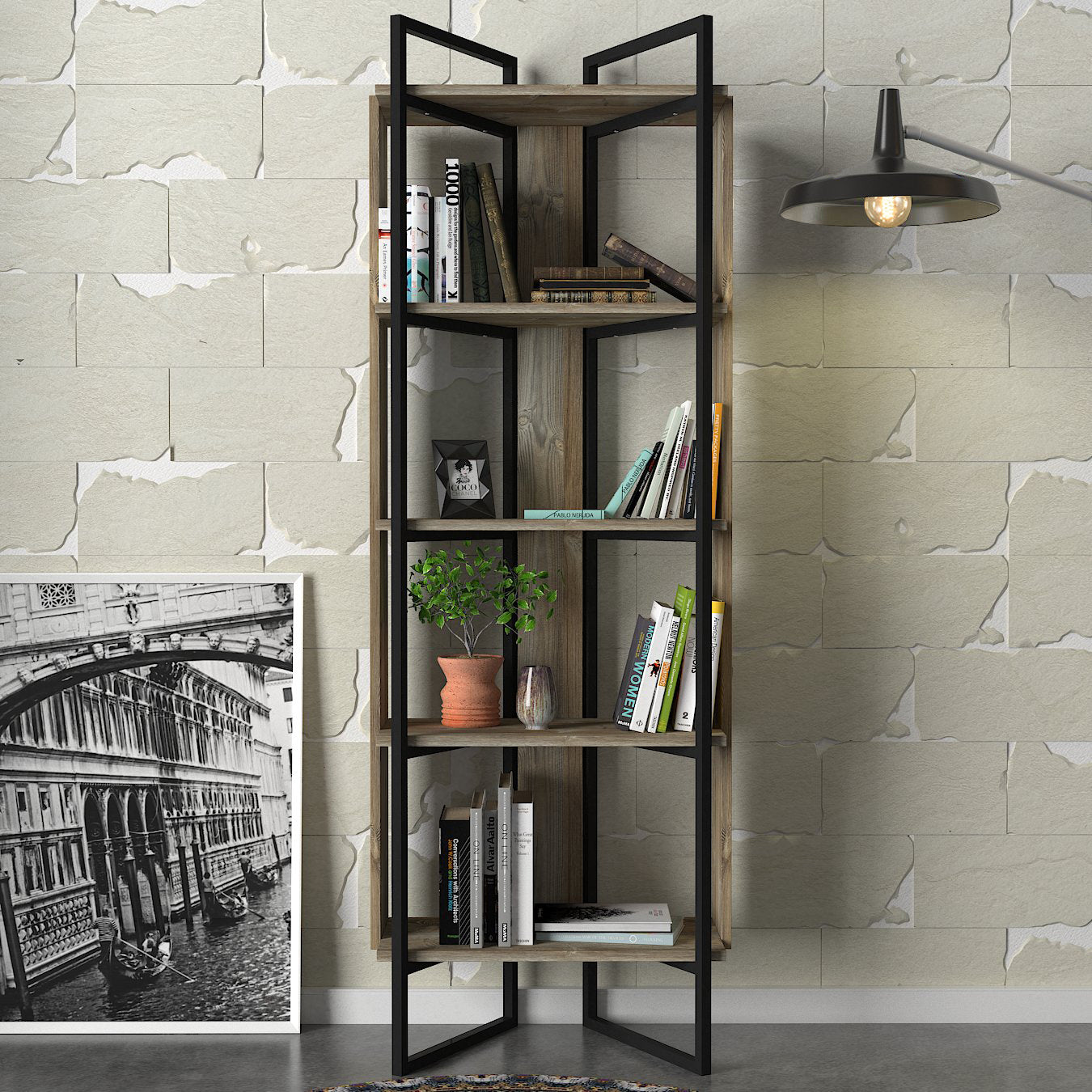 Bücherregal Costa mit Metallfüße und Rahmen Eiche