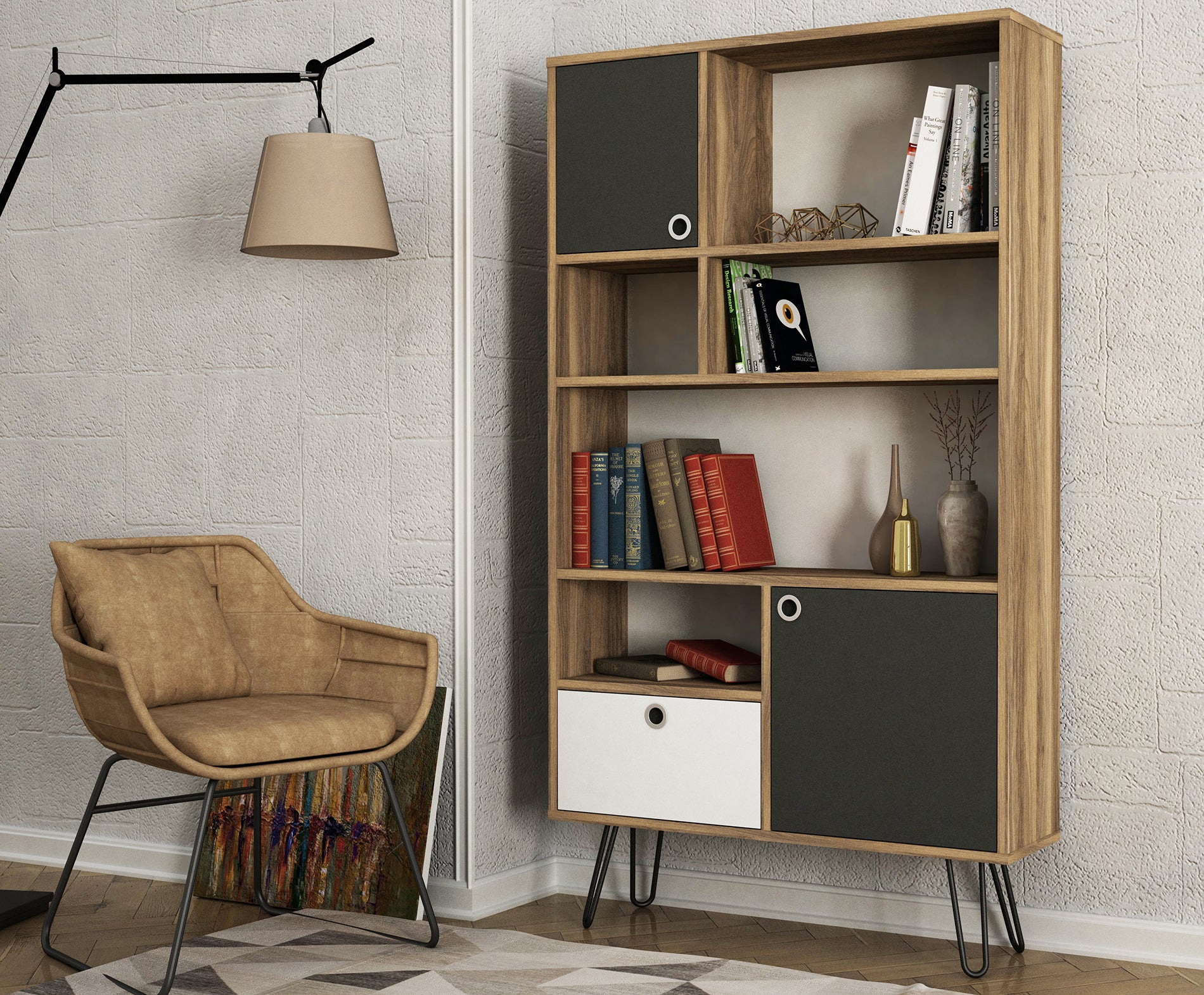 Bücherregal Karamell mit Metallfüße Walnuss Anthrazit