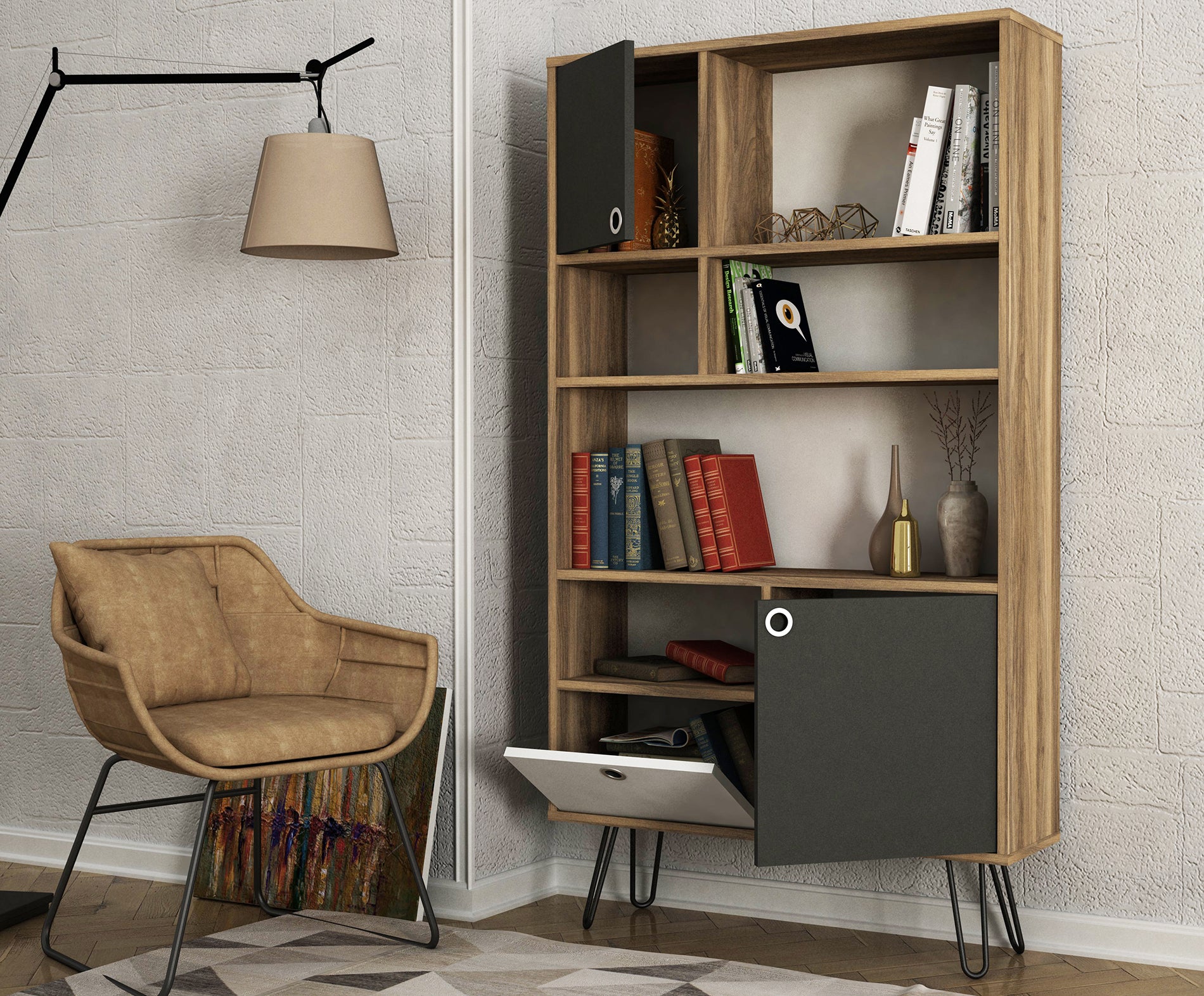 Bücherregal Karamell mit Metallfüße Walnuss Anthrazit