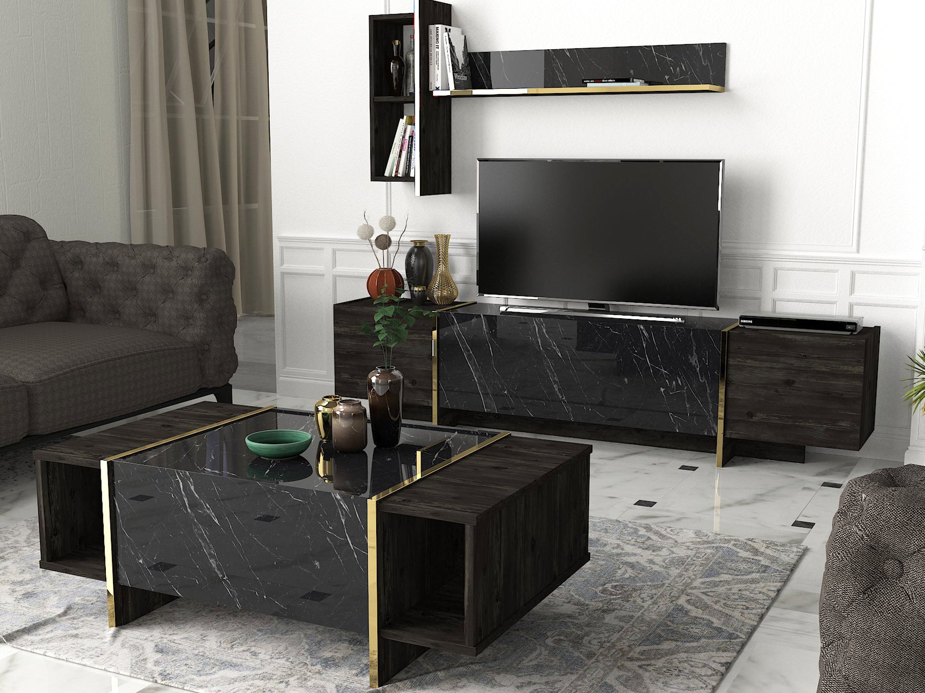 Couchtisch Veyron Rebab Braun Dunkelgrau ( Marmor Optik )
