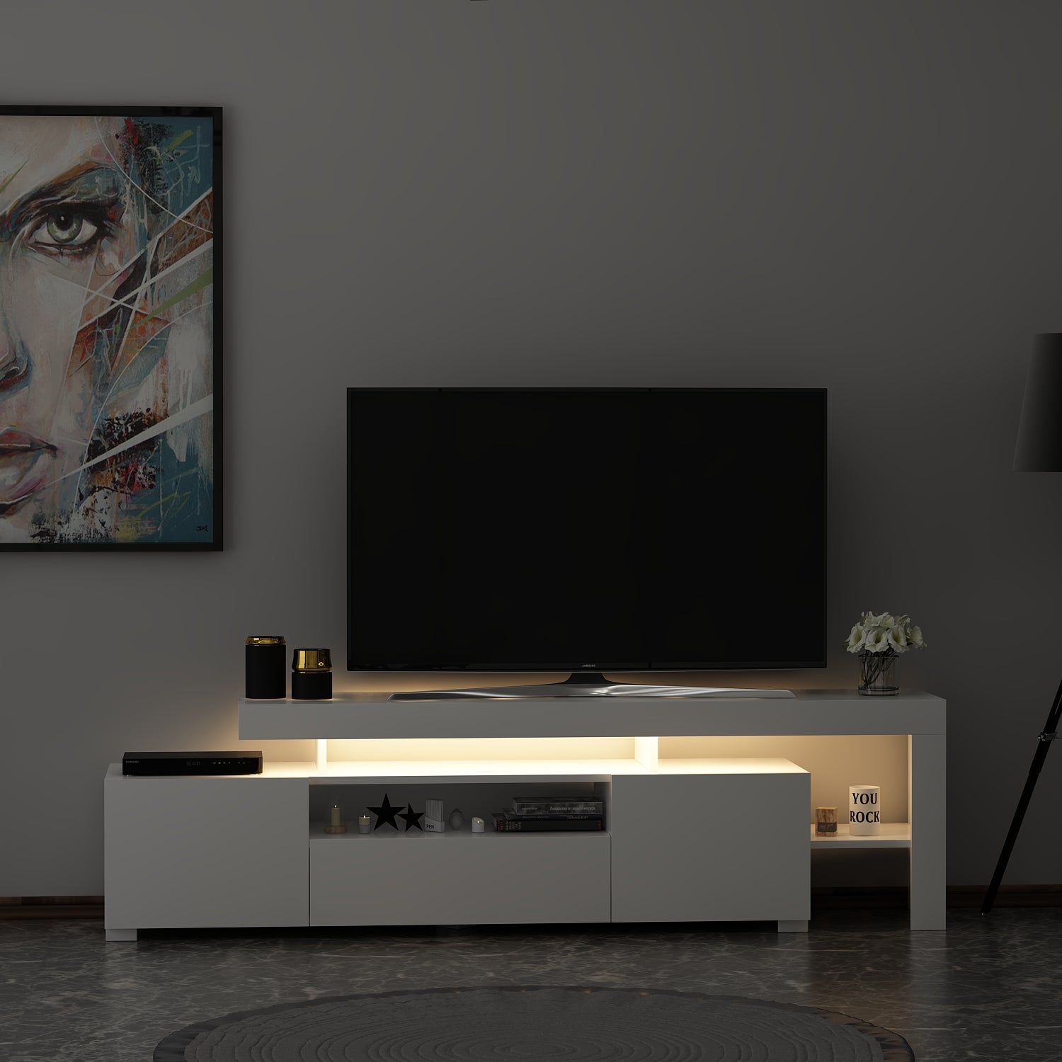 TV Lowboard Weiß mit LED-Leuchten Hochglanz 9048