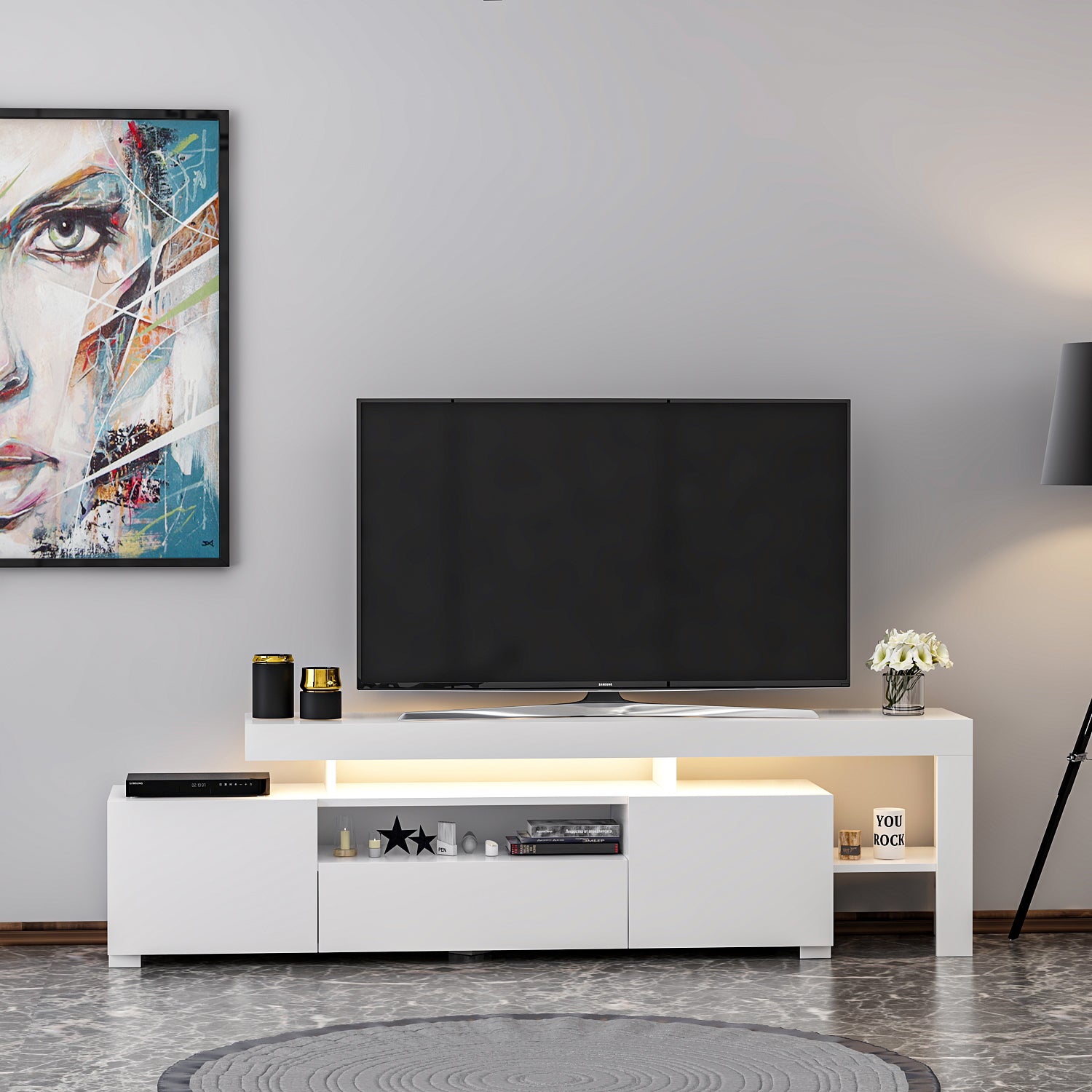 TV Lowboard Weiß mit LED-Leuchten Hochglanz 9048
