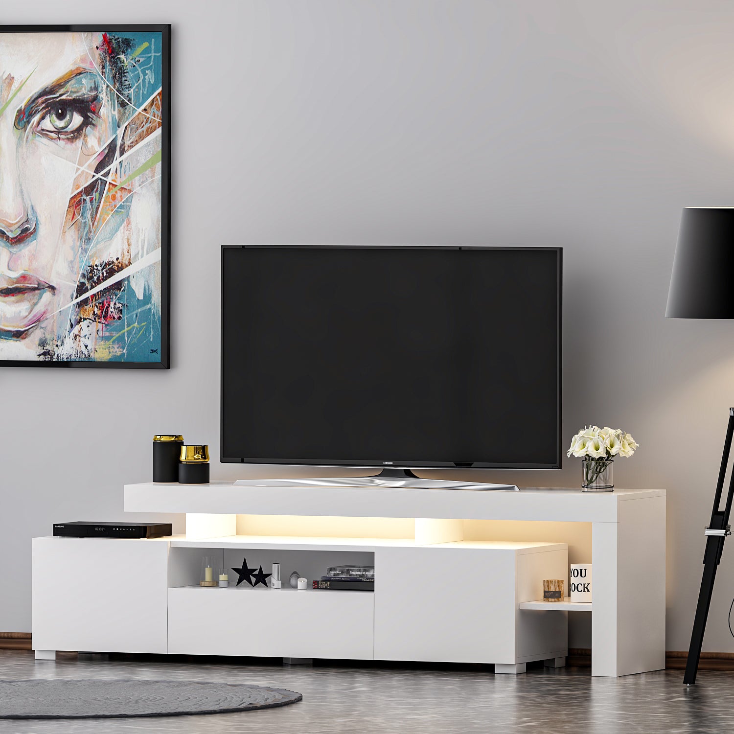 TV Lowboard Weiß mit LED-Leuchten Hochglanz 9048