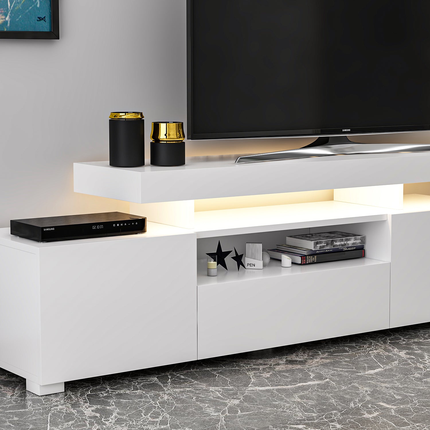 TV Lowboard Weiß mit LED-Leuchten Hochglanz 9048