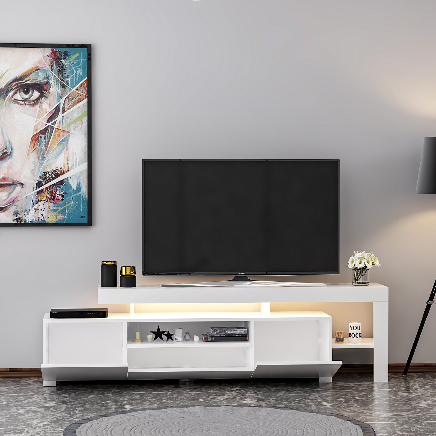 TV Lowboard Weiß mit LED-Leuchten Hochglanz 9048