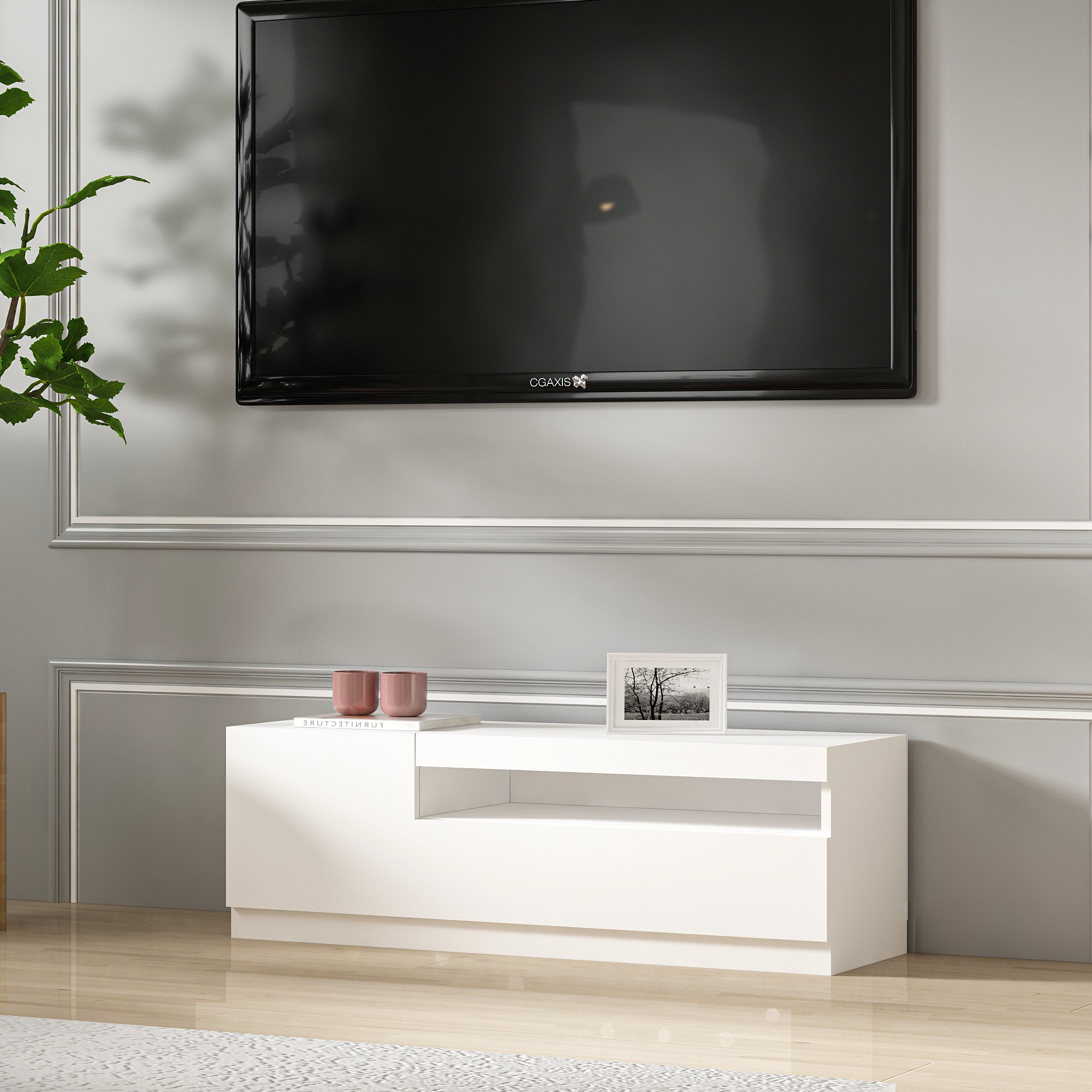 TV Lowboard Weiß mit LED-Leuchten Hochglanz Links 2/2 9482