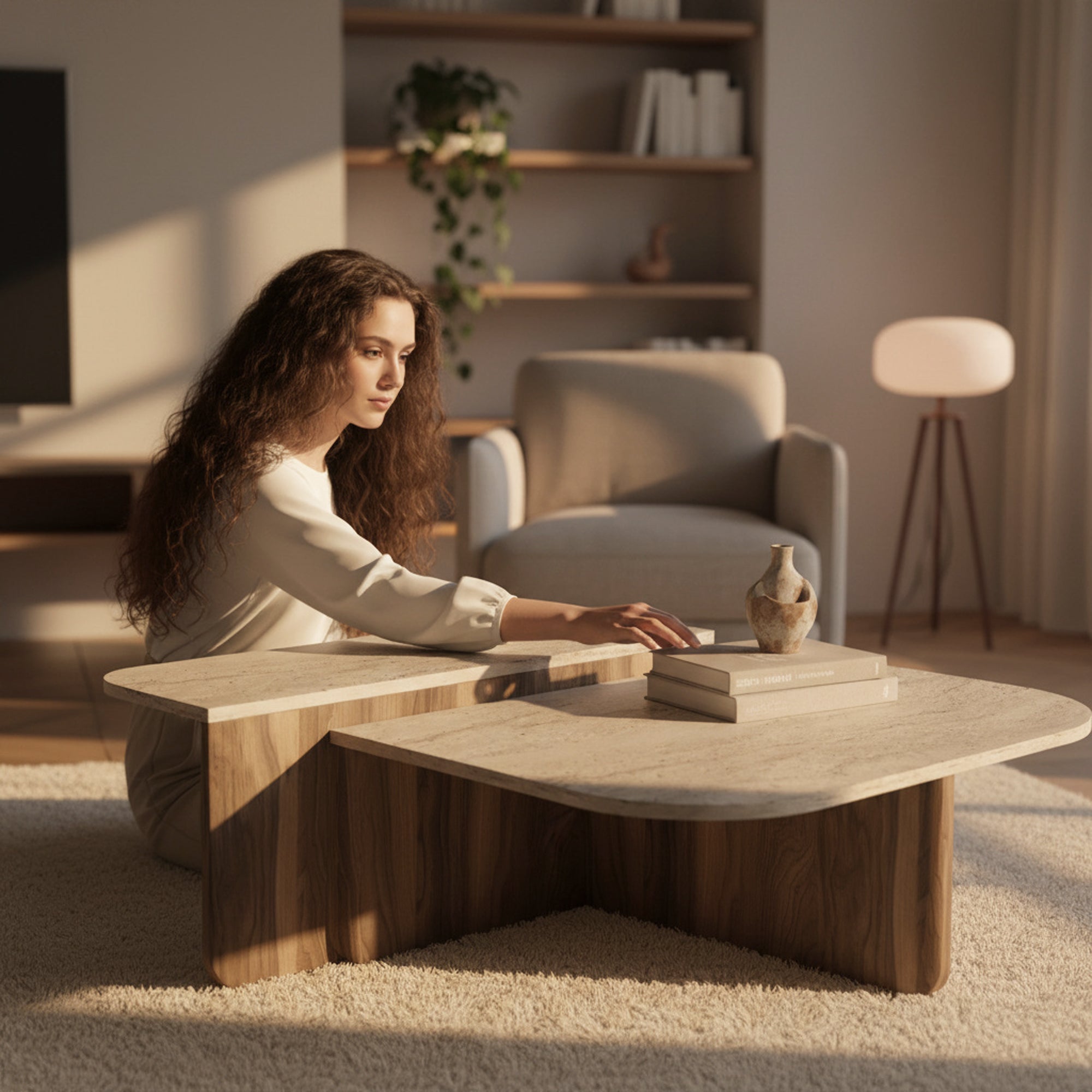 Couchtisch Luxe Beige Travertin Optik Braun 90x90 cm