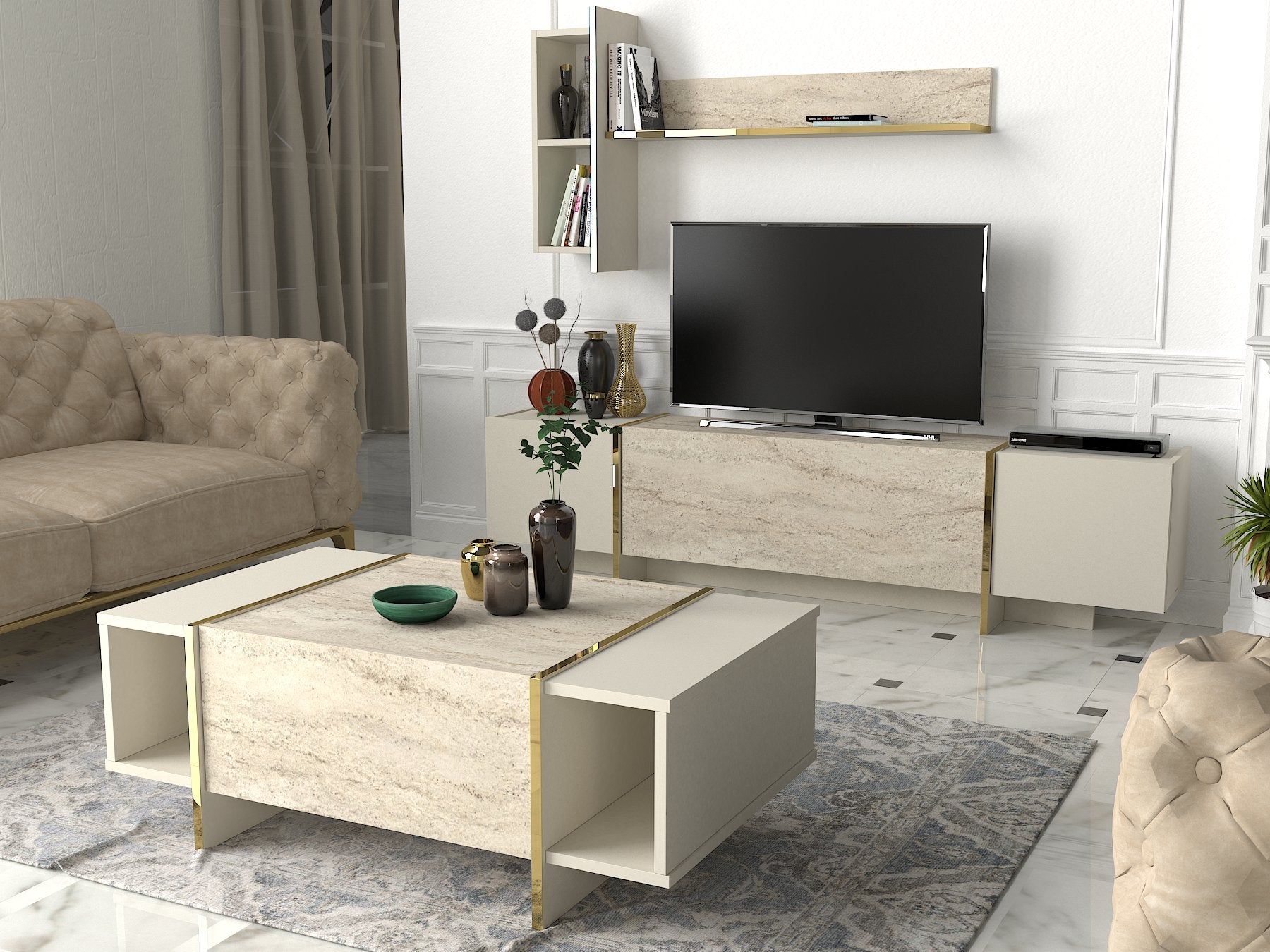 Wohnwand Veyron Beige Granit Optik