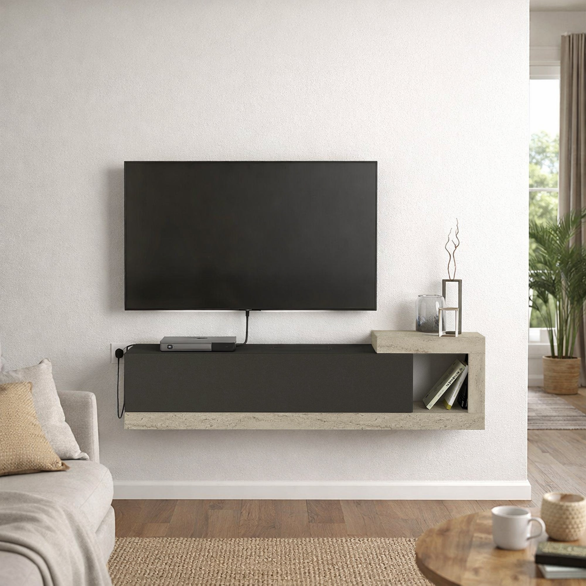 TV Lowboard Bliss Anthrazit-Beige Trawertin Optik