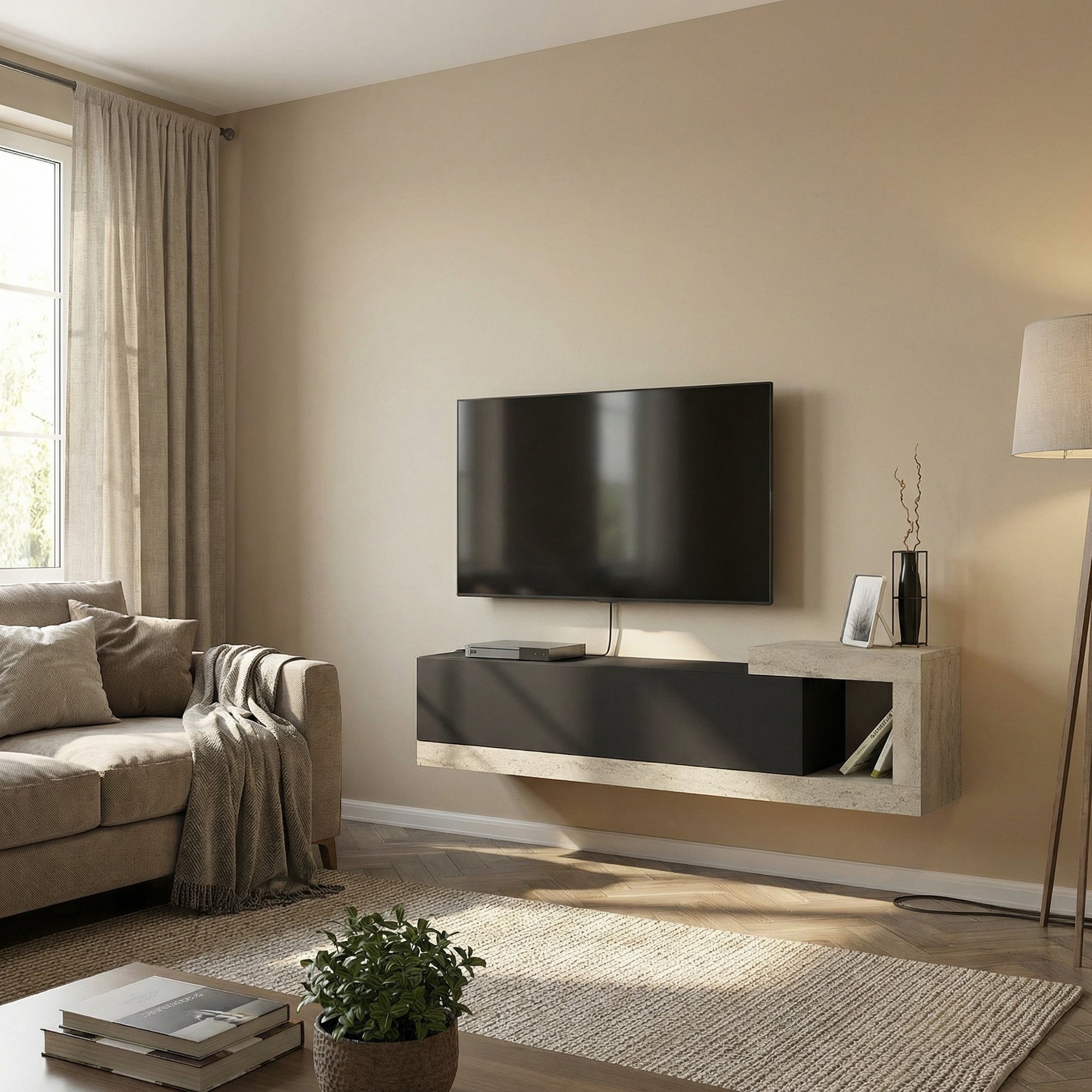 TV Lowboard Bliss Anthrazit-Beige Trawertin Optik