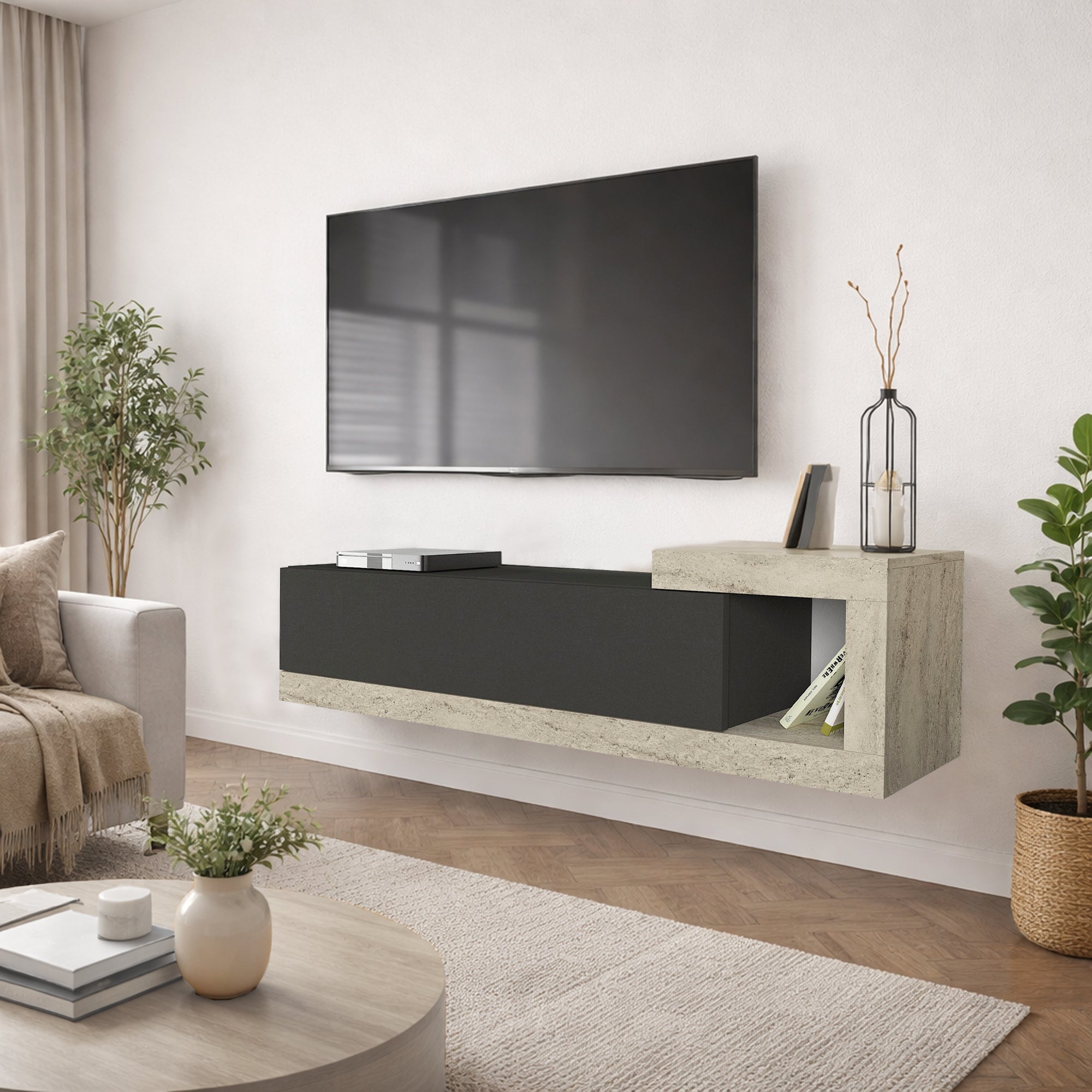 TV Lowboard Bliss Anthrazit-Beige Trawertin Optik