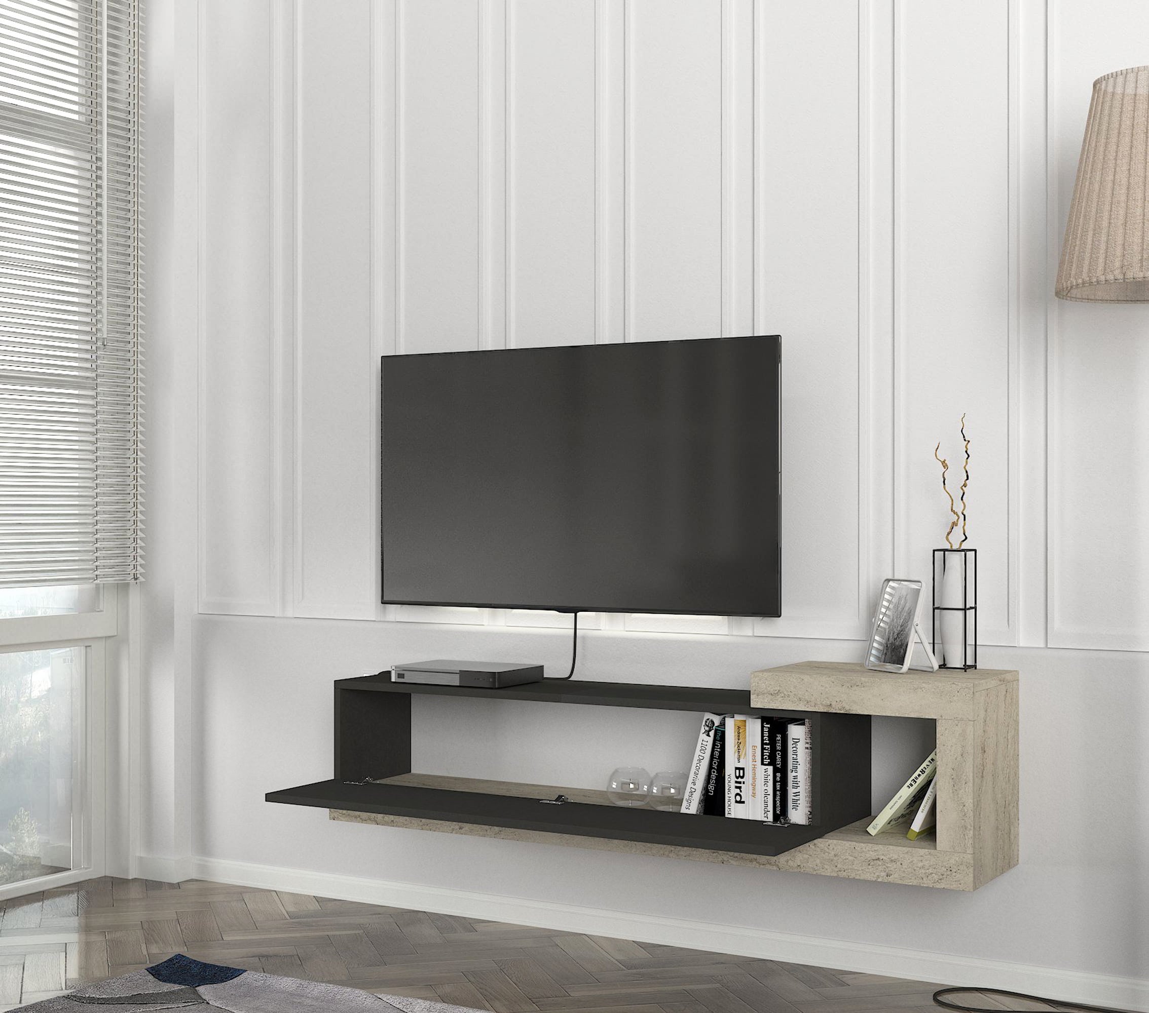 TV Lowboard Bliss Anthrazit-Beige Trawertin Optik