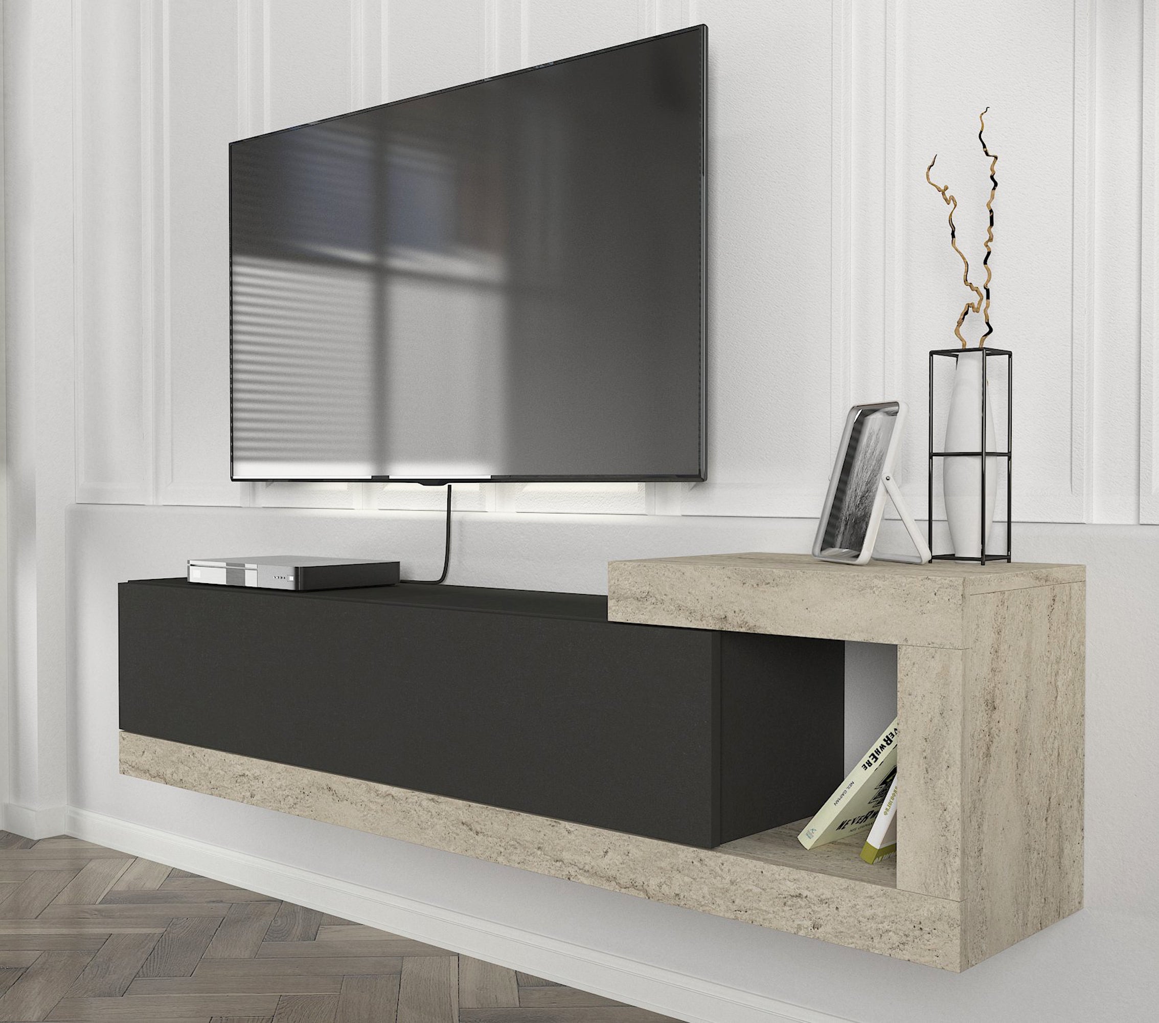 TV Lowboard Bliss Anthrazit-Beige Trawertin Optik