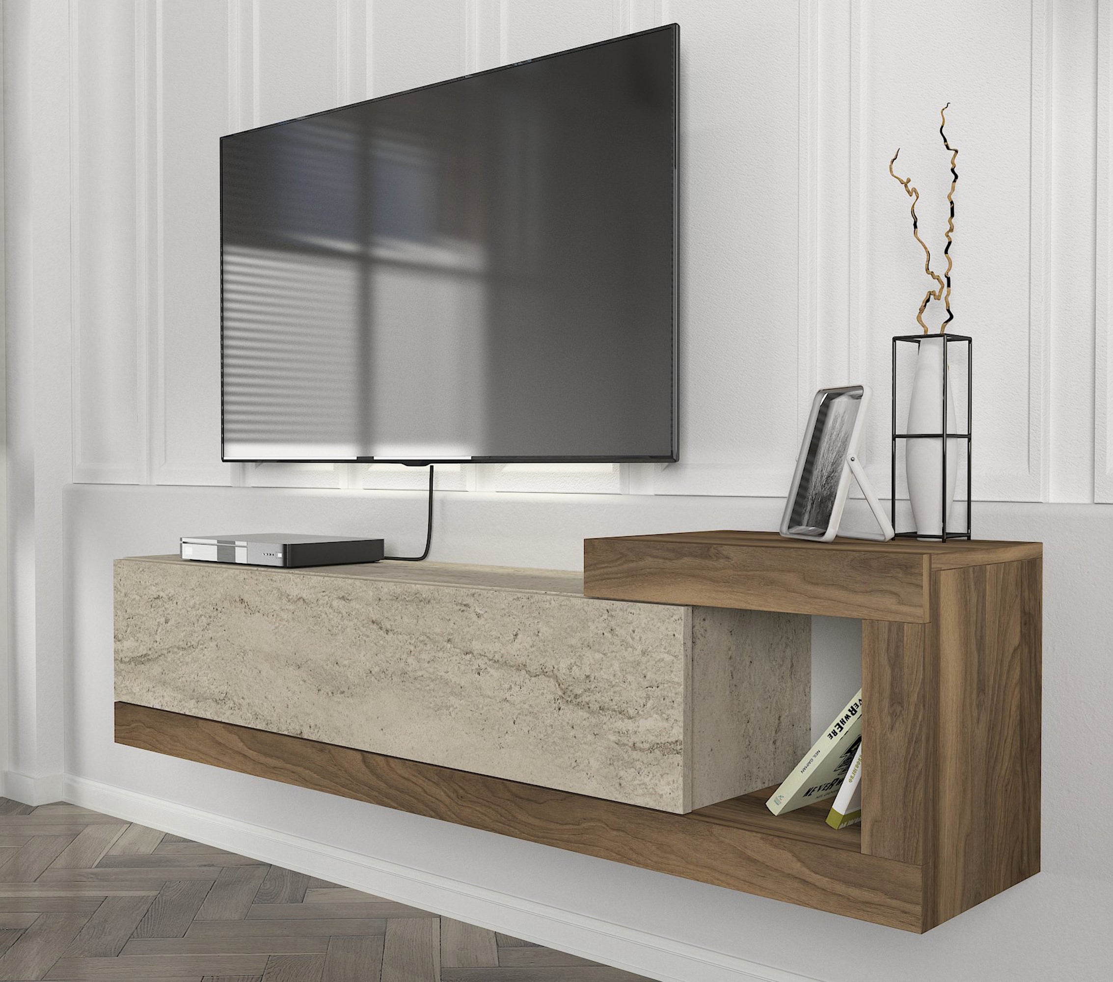 TV Lowboard Bliss Beige Trawertin Optik-Braun