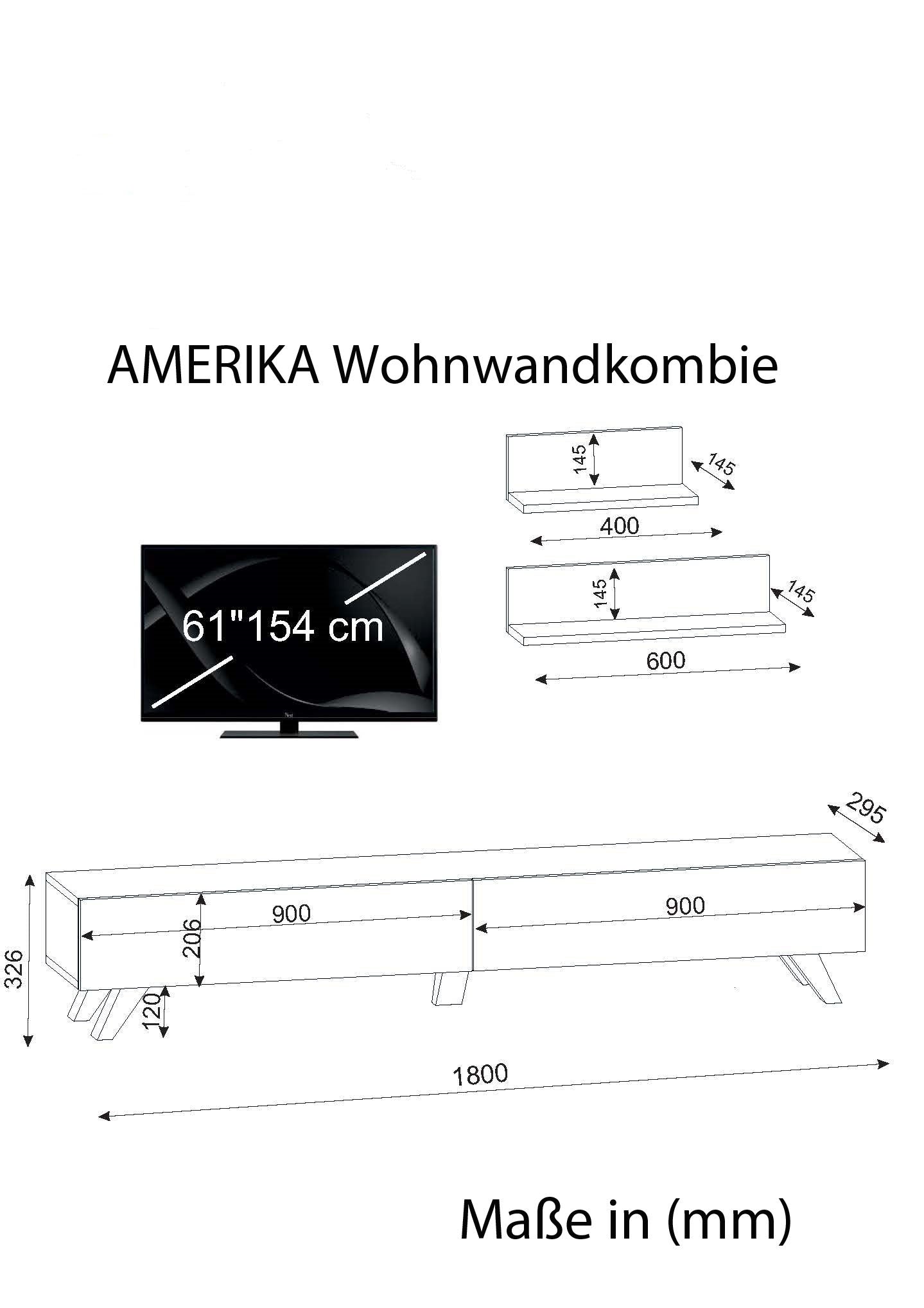 Wohnwand Amerika Weiß Walnuss