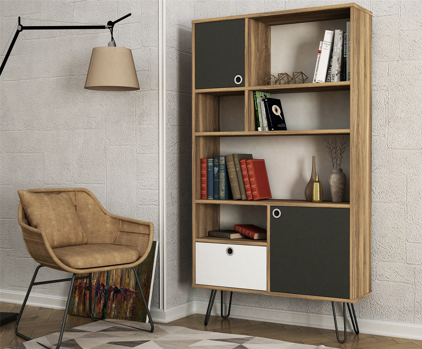 Bücherregal Karamell mit Metallfüße Walnuss Anthrazit