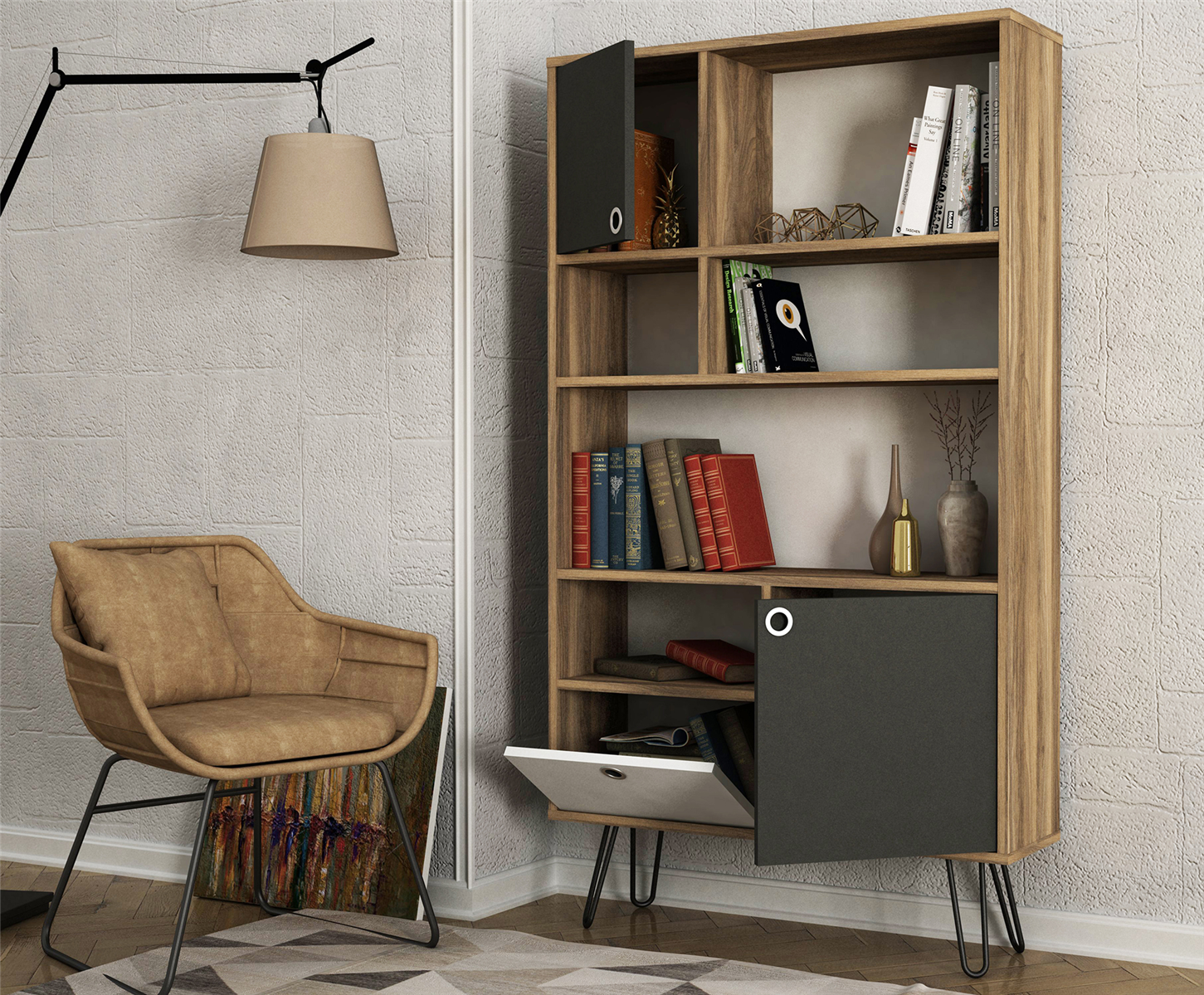 Bücherregal Karamell mit Metallfüße Walnuss Anthrazit