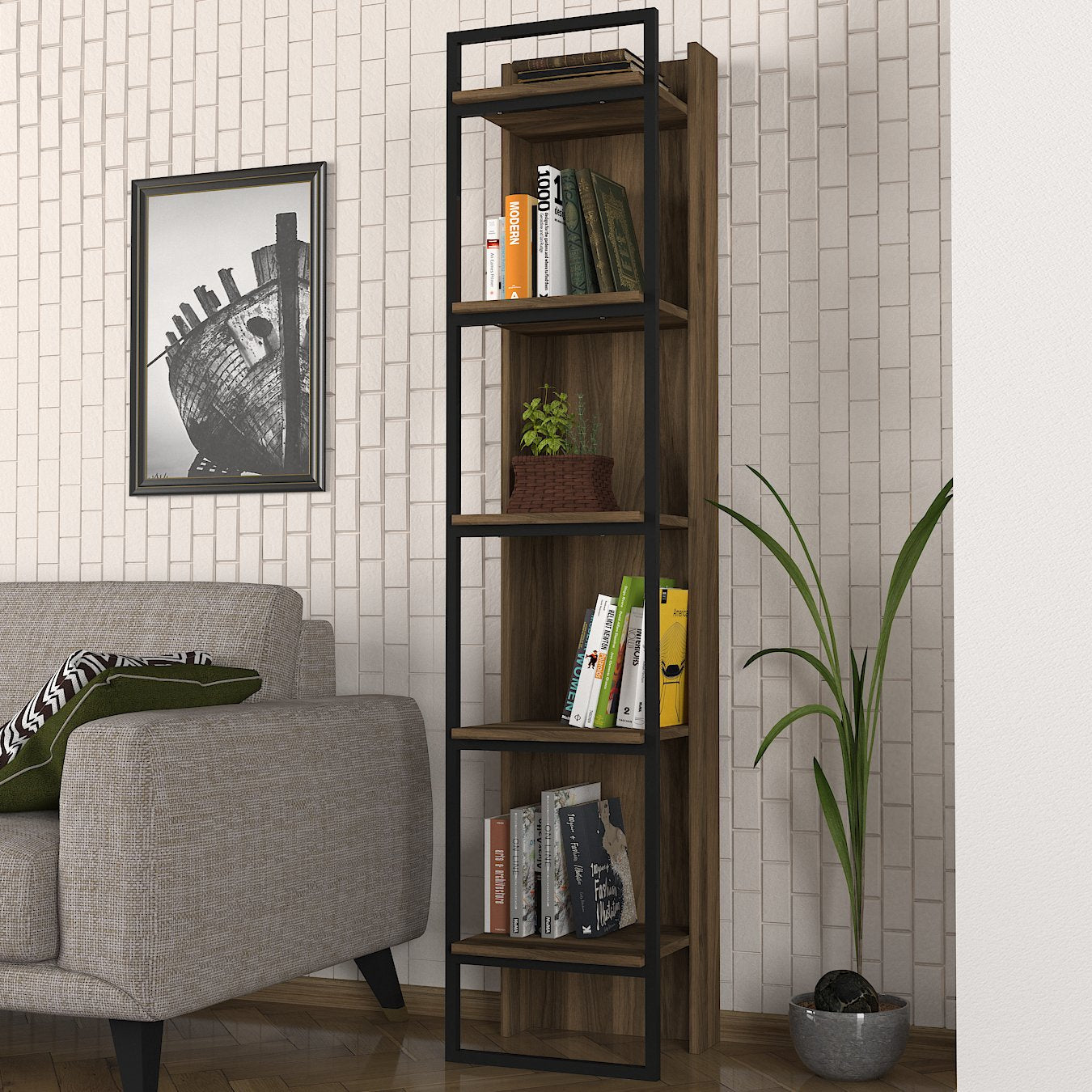 Bücherregal Kelvin mit Metallfüße und Rahmen Walnuss