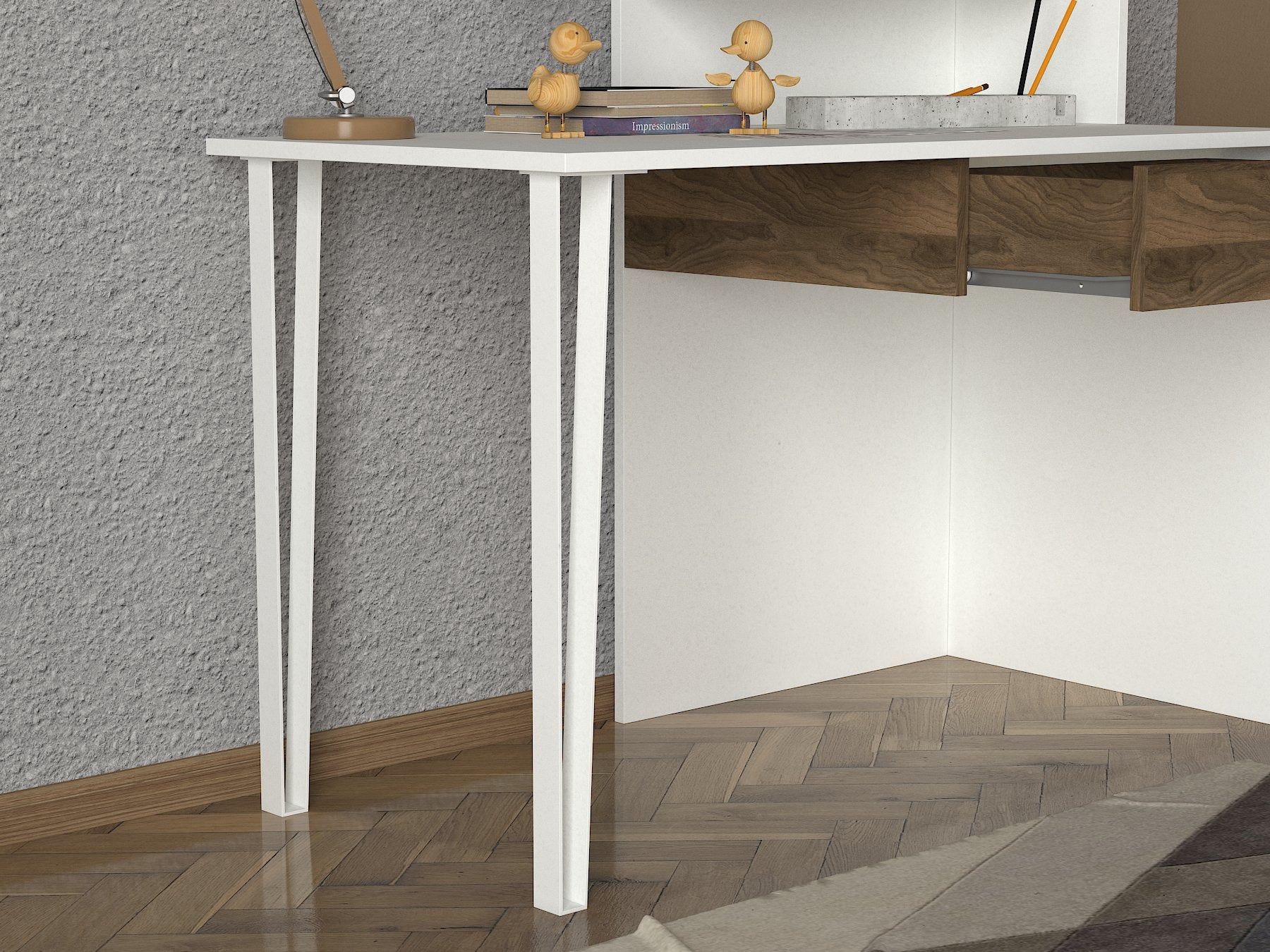 Schreibtisch Punto mit Metallfüße Weiß Walnuss