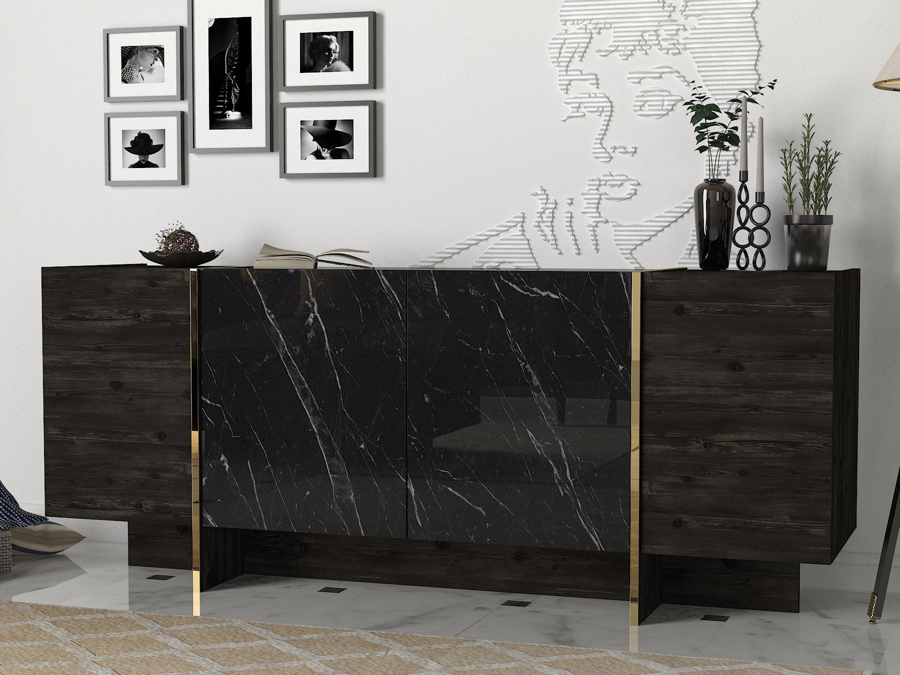 Sideboard Veyron Rebab Braun Dunkelgrau ( Marmor Optik )