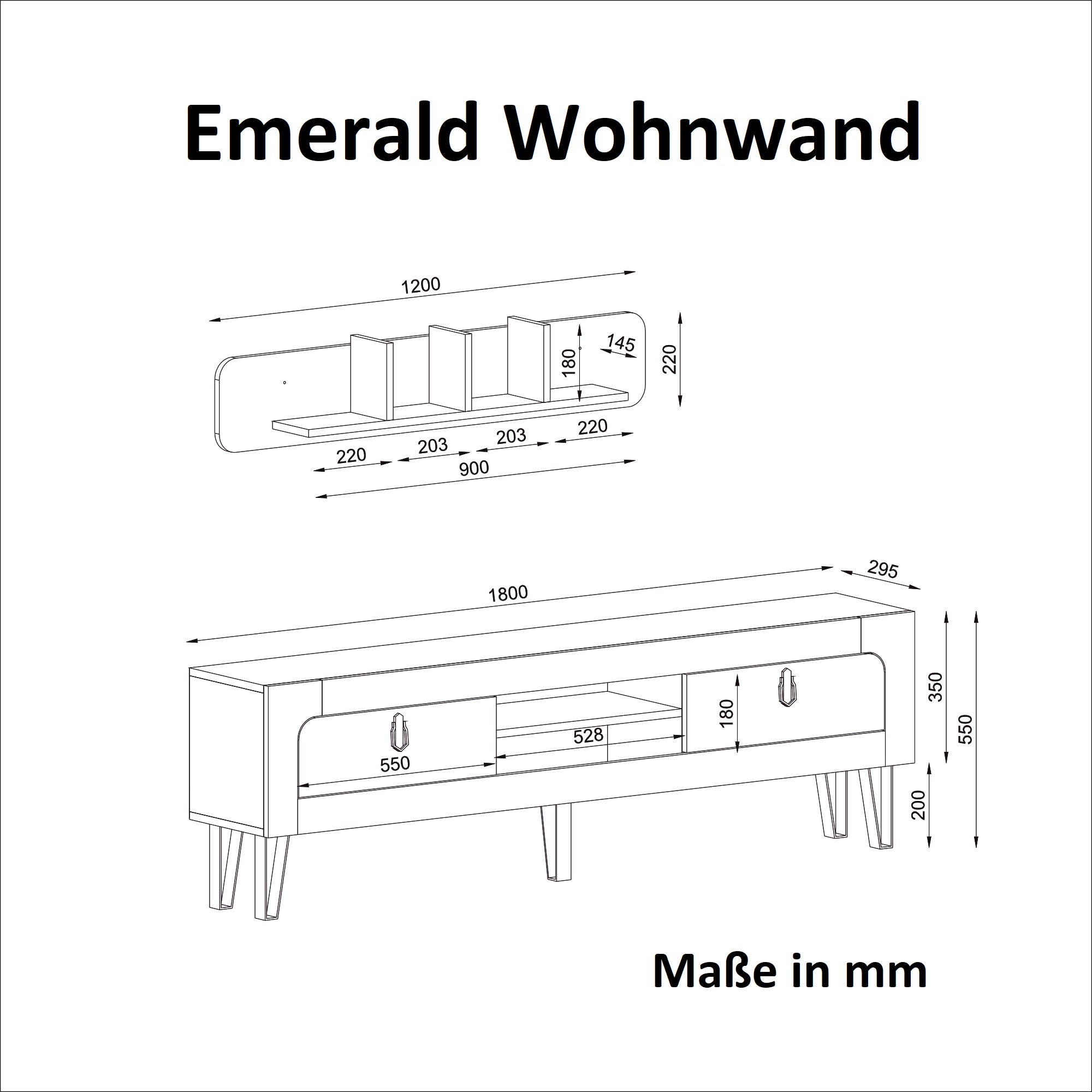 Wohnwand Emerald Rebab Braun Dunkelgrau mit Metallfüße